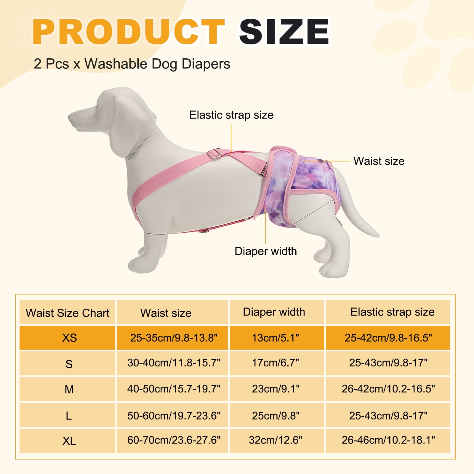 Washable Female Dog Diapers with Suspender, Reusable Dog Diapers Absorbent Leakproof(Tie-Dye Orange Yellow/Tie-Dye Purple XS, 2Pcs), Intended for Female in Heat Cycle
