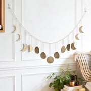 Moon Phase Wall Hanging, Bohemian Celestial Wall Decor, Gold Metal Moon Garland Art, Aesthetic Room Decoration for Bedroom Nursery Living Room Dorm