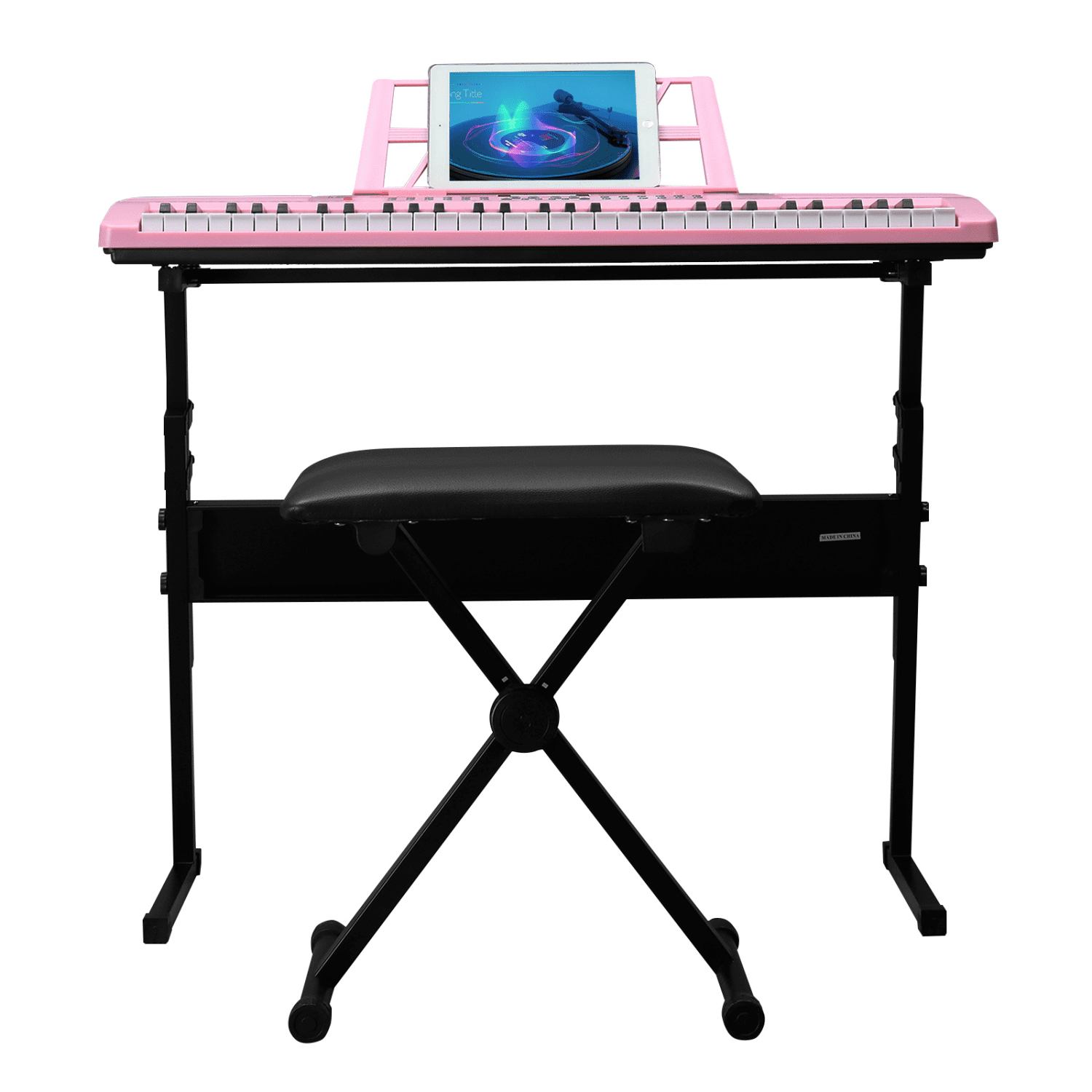 Hassch 61 Key Electric Keyboard Piano, Portable Beginner Keyboard with Stand, Bench, Headphone, Microphone, Built In Speakers, Music Rest, LED Screen, 3 Teaching Modes, Pink