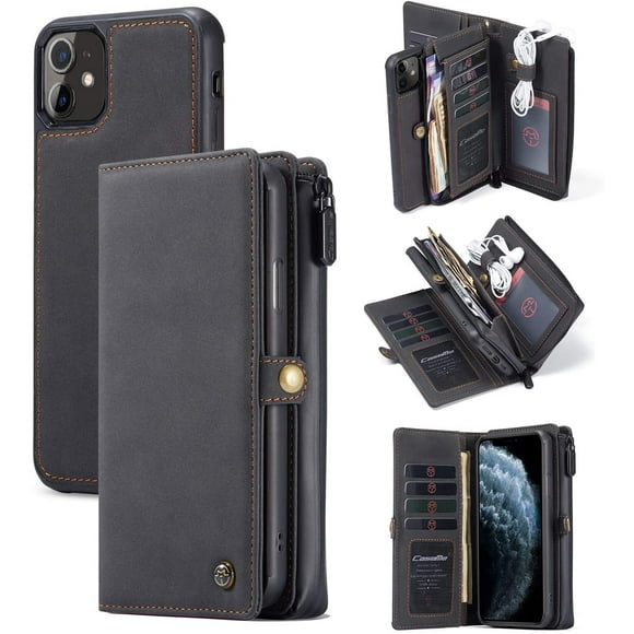 Compatible with iPhone 12 Mini Detachable Wallet Leather Case Zipper 10 Credit Card Holder Cash Clip Magnetic Wrist Strap Pocket Purse Flip case for iPhone 12 Mini 5.4 inch Cover (Black)