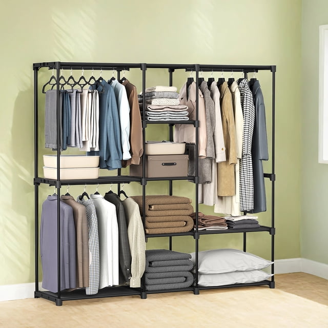 LEDREM Freestanding Closet Organizer with Shelves & Hanging Rods, Portable Wardrobe for Bedroom/Cloakroom, 4-Tier Storage Rack, Easy Tool-Free Assembly,Black