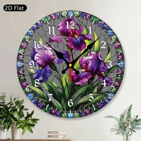 Purple Iris Flower Stained Glass Design Round Wall Clock, Elegant Iris Home Decor Gift