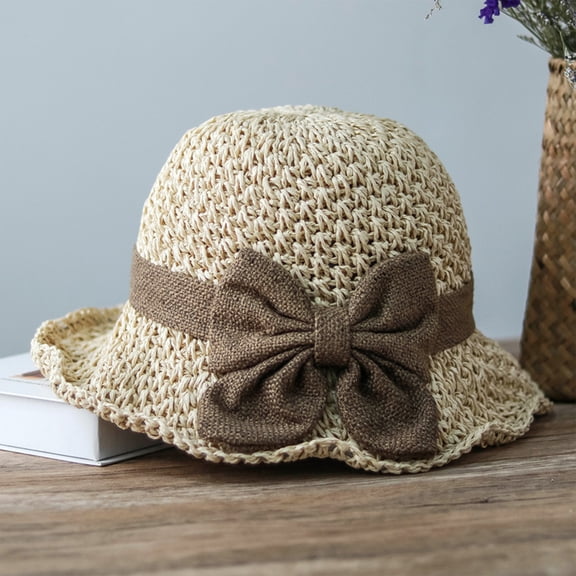 Women Vintage Bowknot Straw Hats Flower Shape Cloche Hat Anti-UV Floppy Sun Hat Bucket Hat Roll Up Travel Beach Caps Beige