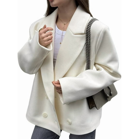 Women'S French Retro Old Money Style Woolen Coat Fall Winter Lapel Long Sleeve Loose Double-Breasted Suit Cream White L