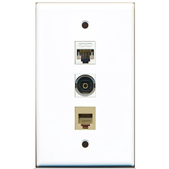 RiteAV - 1 Port Phone RJ11 RJ12 Beige and 1 Port Toslink and 1 Port Cat5e Ethernet White Wall Plate