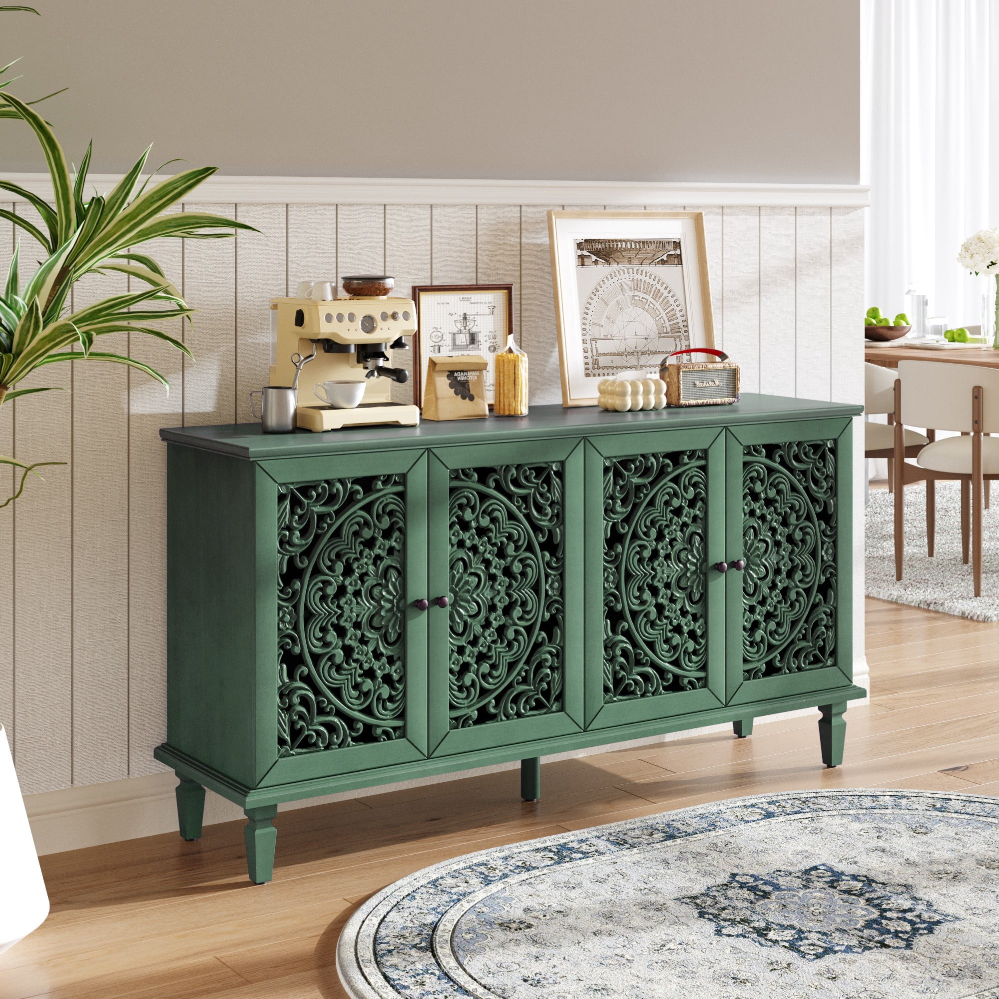 60" Antique Buffet Cabinet with Floral Carved Doors, TV Stand for 65 Inch TV, Sideboard Cabinet with Adjustable Shelves, Antique Green