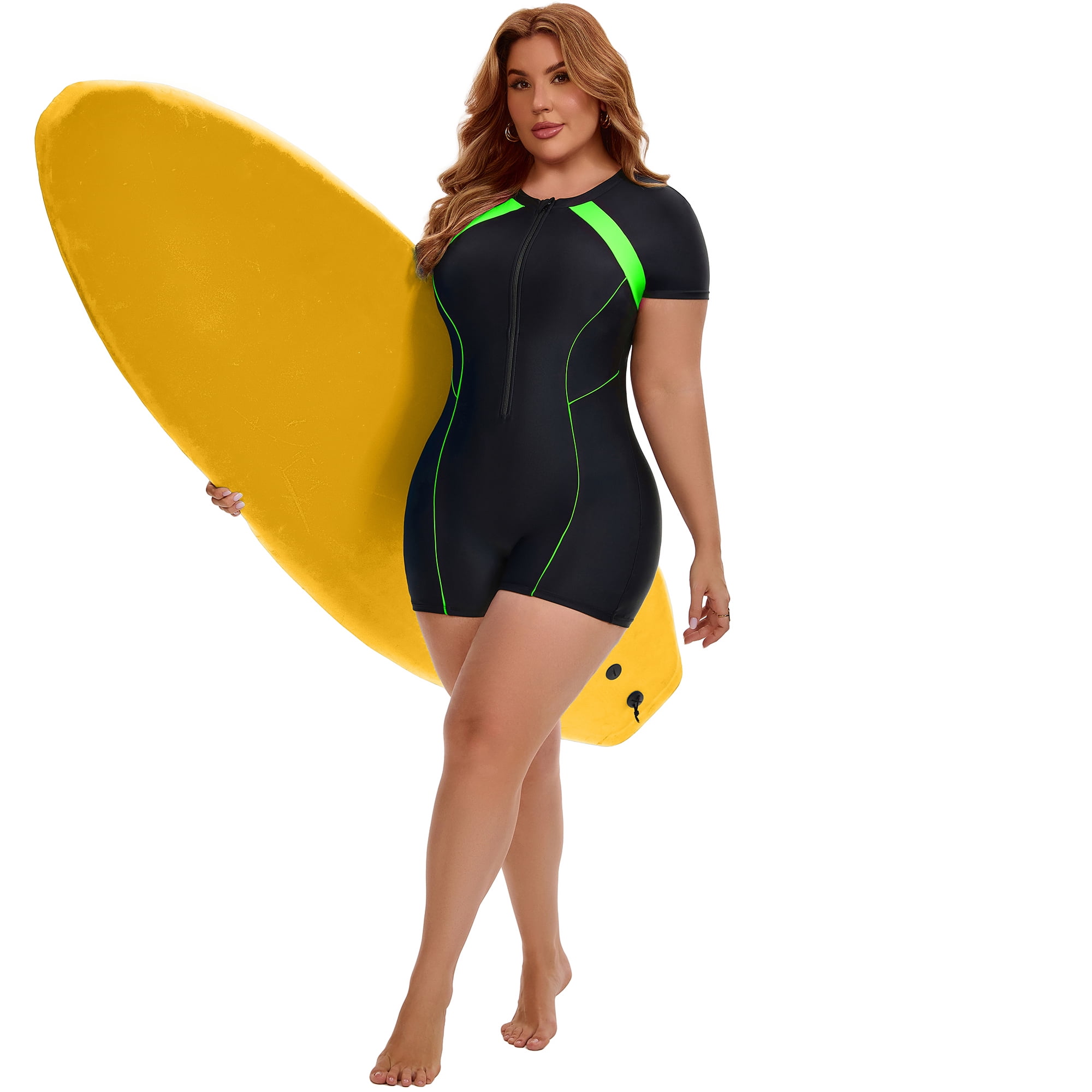 DARING DIVA Women's Plus 1 Piece Surfing with Short Swimwear 4X Black Green
