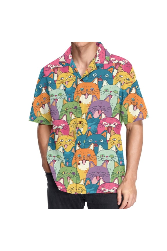 Men's Hawaiian Shirt Happy Cat Faces Short Sleeve Casual Button Down Shirts 3XL