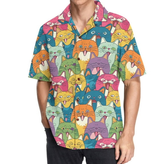 joogoo Men's Hawaiian Shirt Happy Cat Faces Short Sleeve Casual Button Down Shirts M