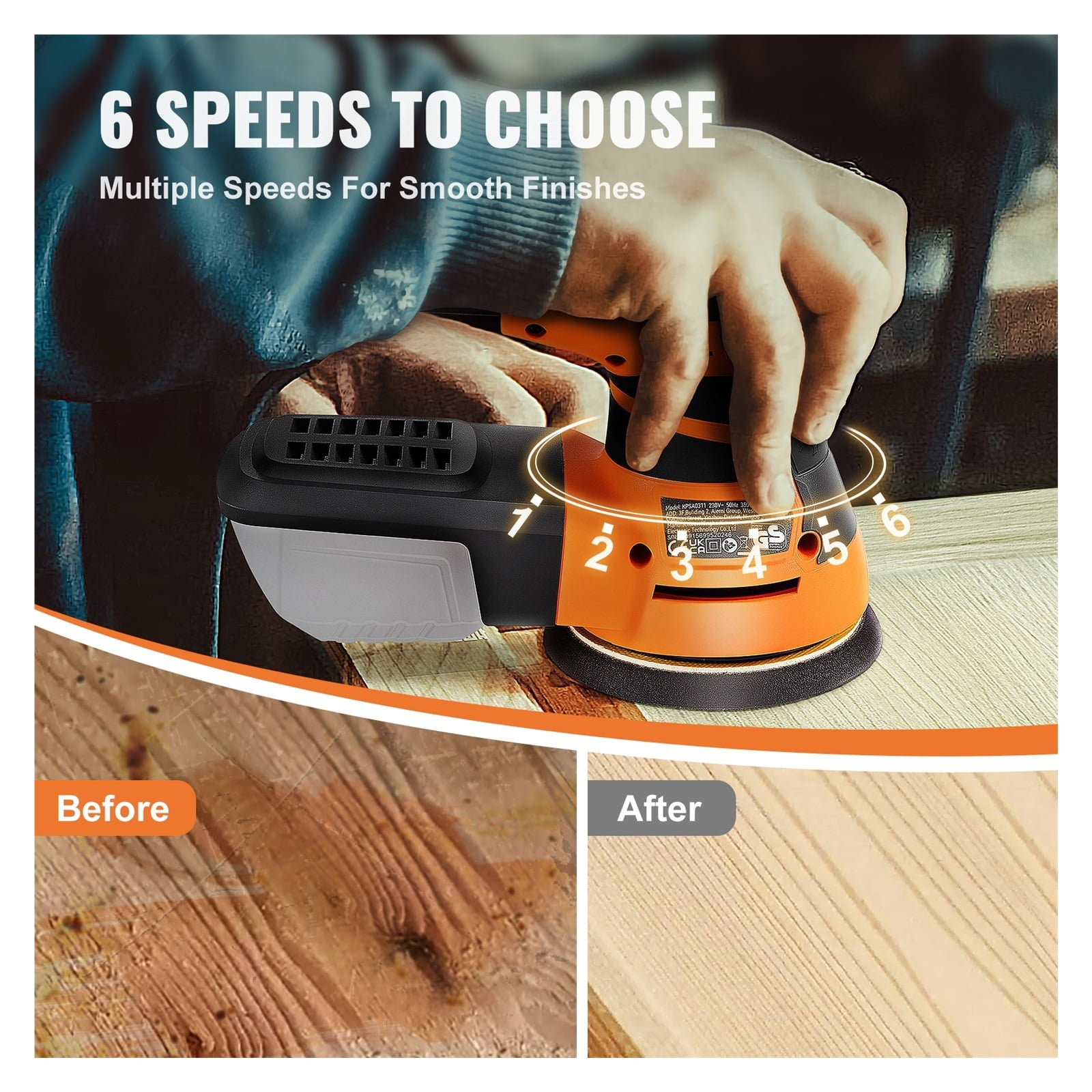 Random Orbit Sander,350W Orbital Sander,6 Speeds W/ 2pcs Hook-and-loop Connecto Rfor Woodworking Detailing Finishing