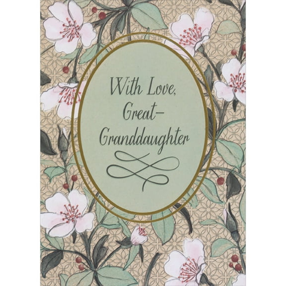 Designer Greetings White and Pink Flowers : Gold Foil Dual Lined Oval Frame Great-Granddaughter Christmas Card