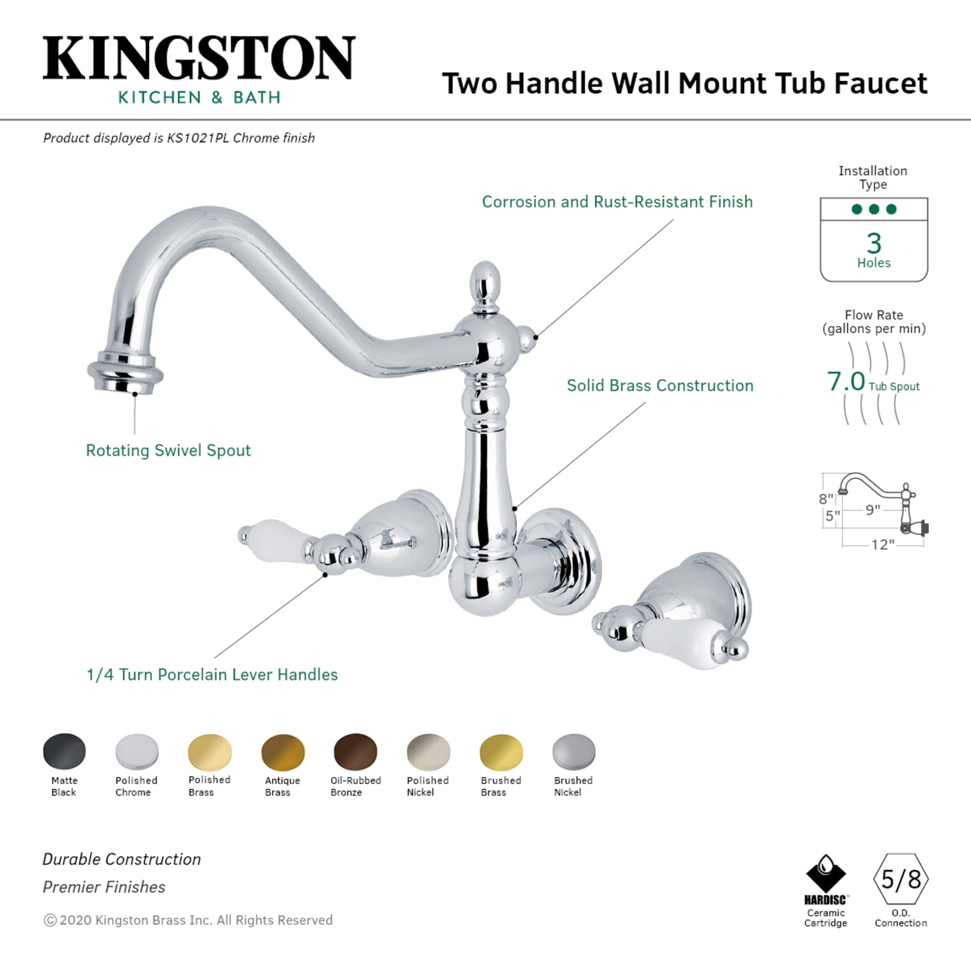 Kingston Brass KS1025PL Heritage Two-Handle Wall Mount Roman Tub Faucet, Oil Rubbed Bronze