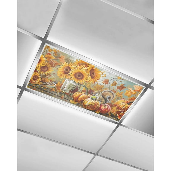 Fluorescent Light Covers for Ceiling Lights 1 Pack, Fall Squirrel Magnetic Ceiling Light Covers 2x4 Feet for Classroom Office School, Sunflower Pumpkins Thanksgiving Overhead Drop Ceiling Light Shade