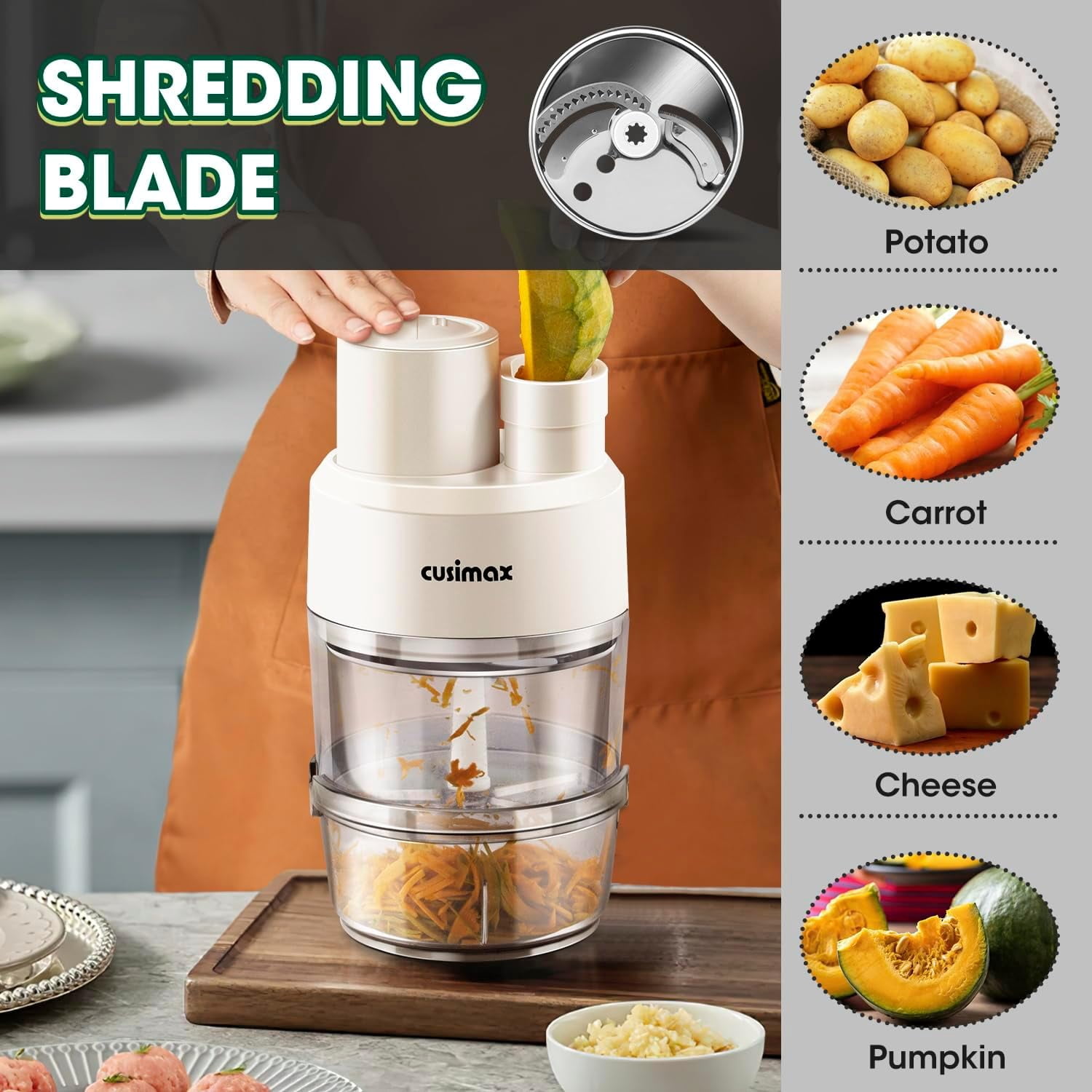 CUSIMAX 2-Speed Electric Food Processor, Electric Vegetable Spiralizer for 3-in-1,White,