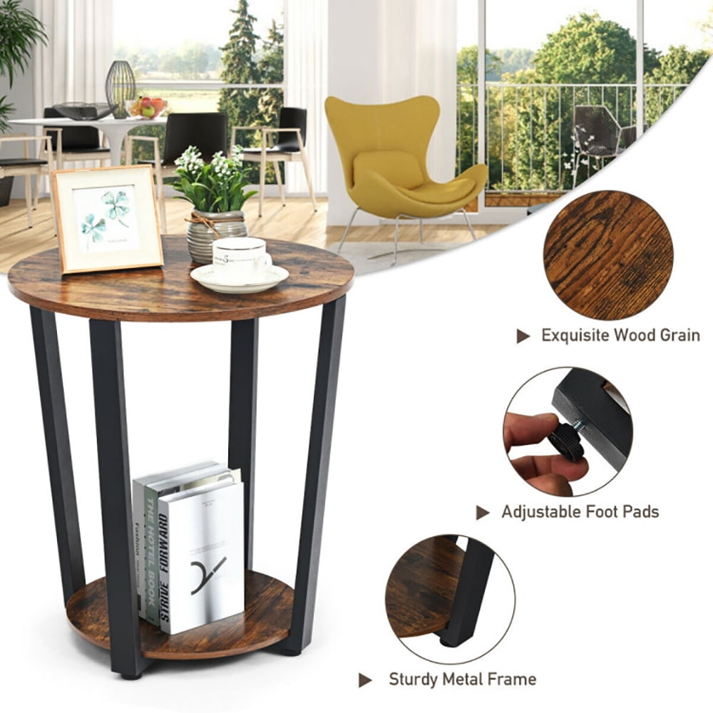 Finihen Round End Table, 2-tier Round End Table with Storage Shelf and Metal Frame for Living Room, Bedroom, Brown Finihen Round End Table, 2-tier Round End Table with Storage Shelf and Metal Frame for Living Room, Bedroom, Brown
