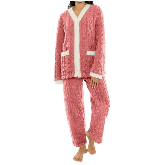 FRSASU Womens Pajamas Set Fluffy 2 Piece Fuzzy Top Pants Loose Coral Fleece Loungewear Sleepwear Winter Warm Pajamas Set Pink