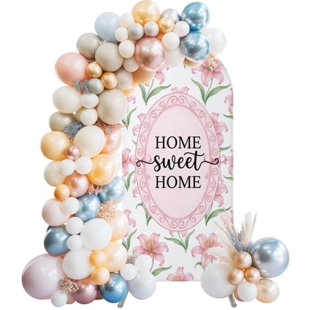 HOME SWEET HOME Arch Backdrop Cover 4 FT Floral Vines Pink Lily Farmhouse Stretchy Elastic Arch Stand Covers Spandex Arched Background Birthday Wedding Party Decoration (No Stand)