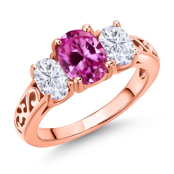 Gem Stone King 18K Rose Gold Plated Silver Pink Created Sapphire and White Moissanite Filigree Style 3 Stone Ring for Women (2.65 Cttw, Oval 8X6MM and 6X4MM) (Size 9)