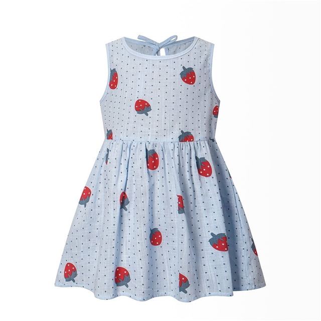 Robes Sans Manches pour Petite Fille Robe Évasée à Volants Robes de Printemps pour Filles Robe Imprimée Fraise pour Filles Robe de Princesse