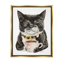 Stupell Industries Smiling Cat & Coffee Mug Animals & Insects Painting Gold Floater Framed Art Print Wall Art, 17 x 21