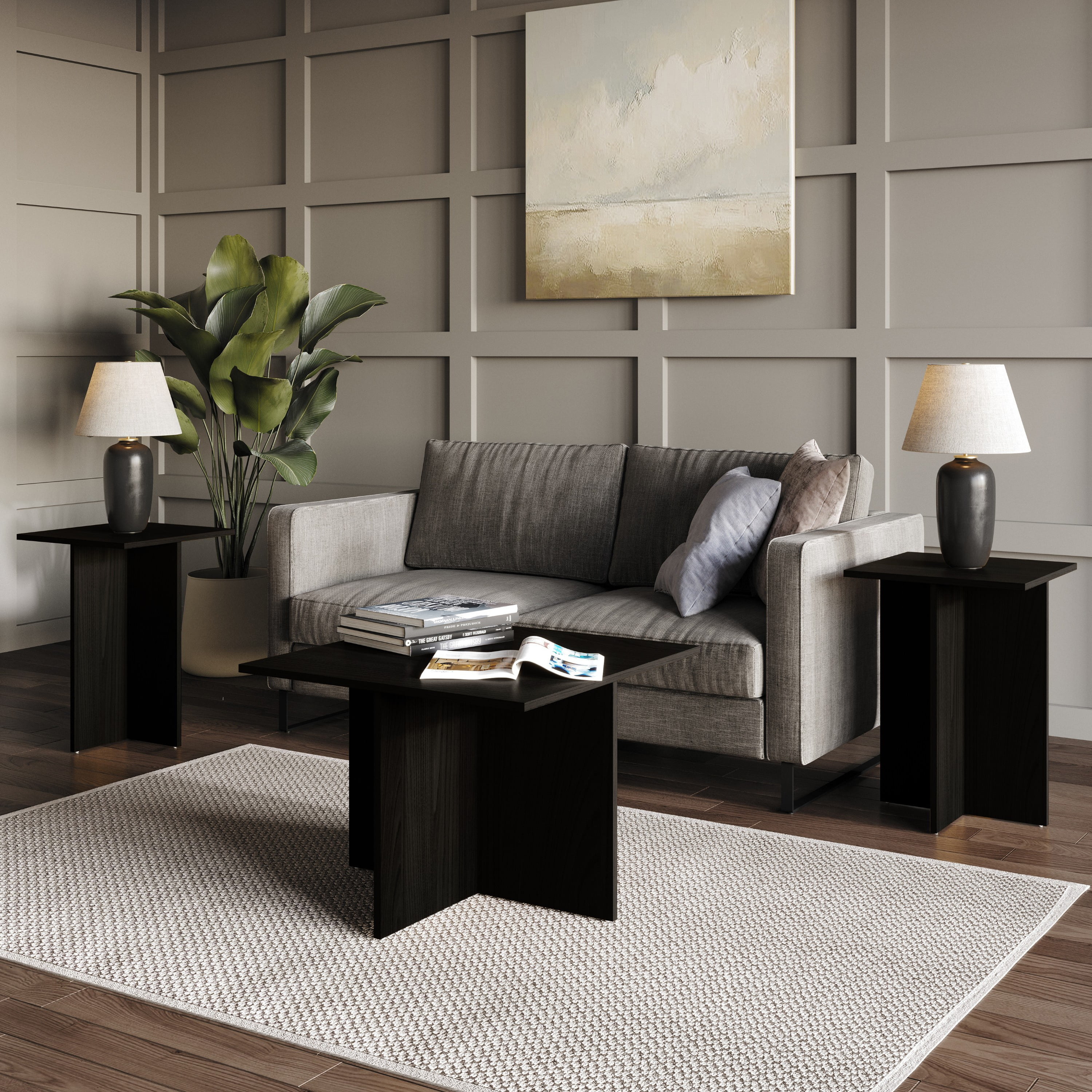 Home Design Joliet 3-Piece Coffee Table Set with Rectangular Coffee Table and 2 Matching End Tables, Natural Wood Grain Finish with Modern Open Shelf Design for Living Room, Black