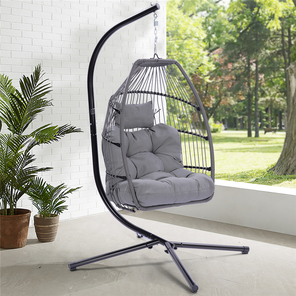 Wicker Hammock Chair, Outdoor Patio Hanging Egg Chairs with Stand, UV Resistant Hanging Chair with Comfortable Gray Cushion, Durable Indoor Swing Chair for Bedroom, Garden, Backyard, 330lbs, L3947 - image 1 of 10