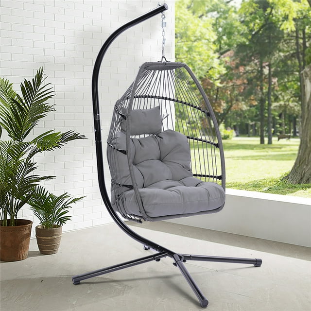 Wicker Hammock Chair, Outdoor Patio Hanging Egg Chairs with Stand, UV Resistant Hanging Chair with Comfortable Gray Cushion, Durable Indoor Swing Chair for Bedroom, Garden, Backyard, 330lbs, L3947