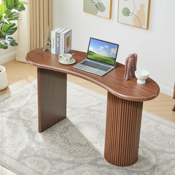 Wirrytor 53 inch Curved Desk, Oval Small Computer Desk with Sturdy Fluted Legs for Bedroom, Modern Luxury Corner Single Writing Vanity Desk, Home Office Corner Study Table Unit for Kids and Adults,Wa