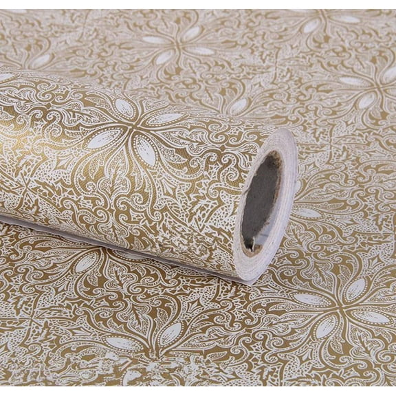 17.7inch By 118inch Peel Stick Vintage Gold Floral Wallpaper Shelf Drawer Liner Dresser Furniture Sticker Home Decorative Sticky Back Vinyl Film