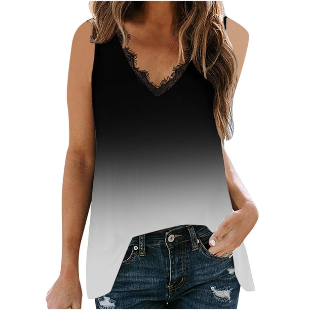 Blusa sin mangas con estampado de día de la independencia de patchwork de encaje con cuello en V de verano para mujer Pompotops lopia999061