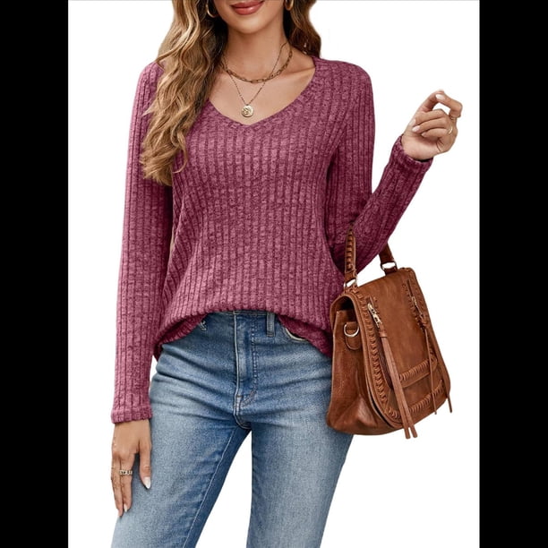 Camisa de Larga con Cuello en V para Mujer, Túnica de Otoño, Suéter Informal Elegante, Ropa y . Vino Tinto L