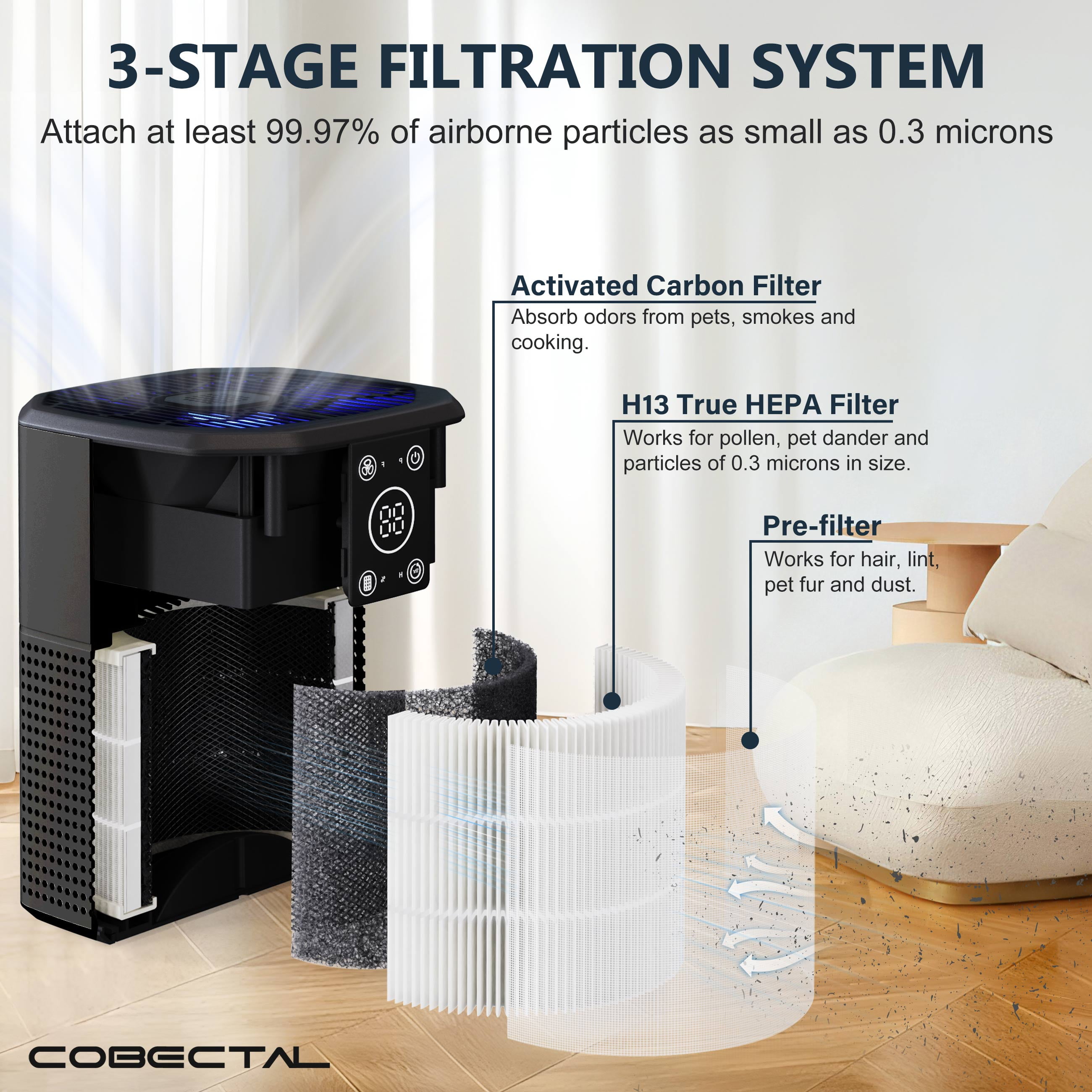 Cobectal ZQA-2000B Air Purifier with HEPA Filter for Mold, Allergies, Smoking, Portable, Covers 600 Sq.ft