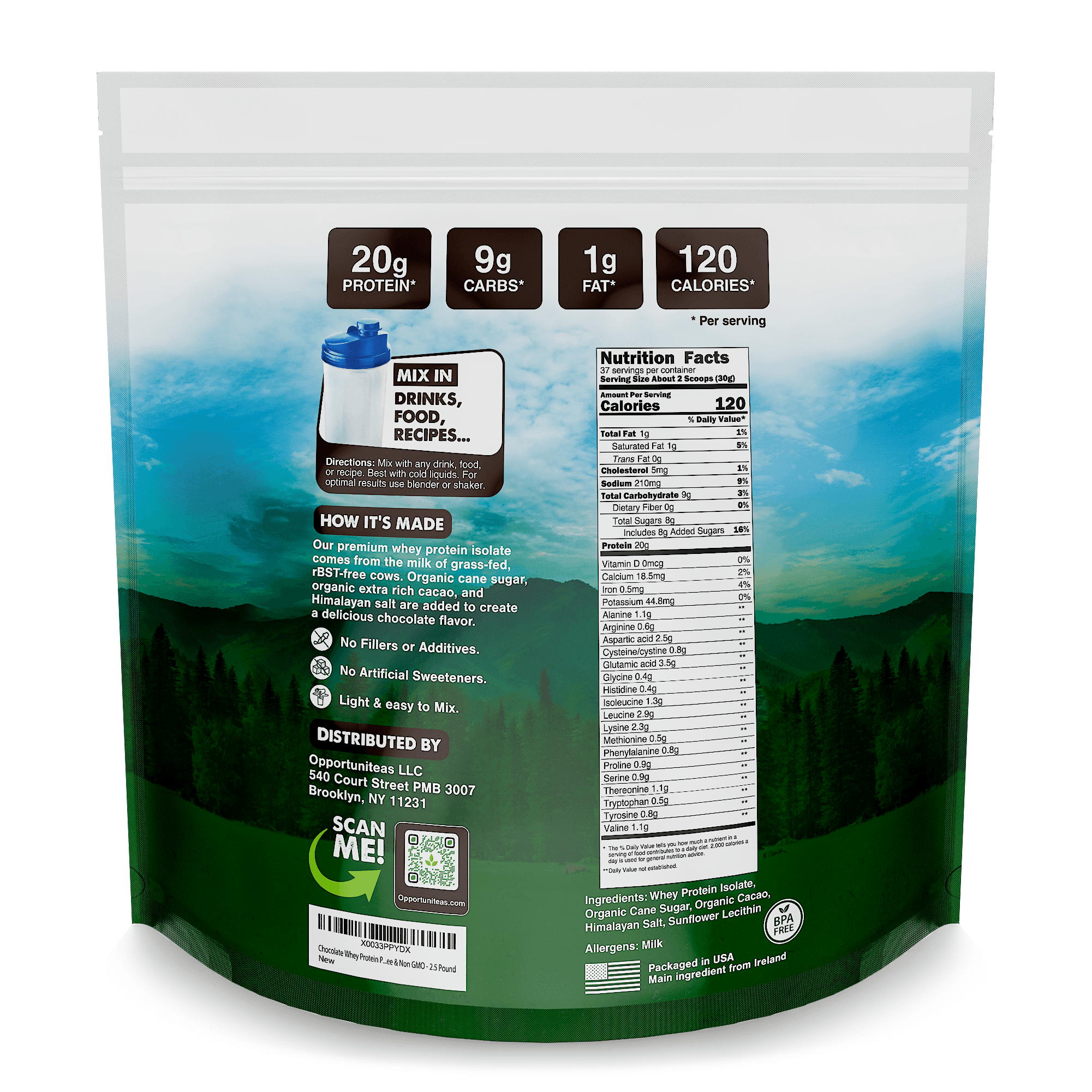 Opportuniteas Grass Fed Chocolate Whey Protein Isolate Powder - 20g Protein Powder Without Artificial Sweeteners, Hormone-Free Cows, Non GMO - 2.5lbs