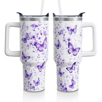 Butterfly Gifts Cup for Women Mom, 40oz Tumblers with Handle and Straw, Lavender Butterflies Lover Stainless Steel Water Bottle Mug (1PC)