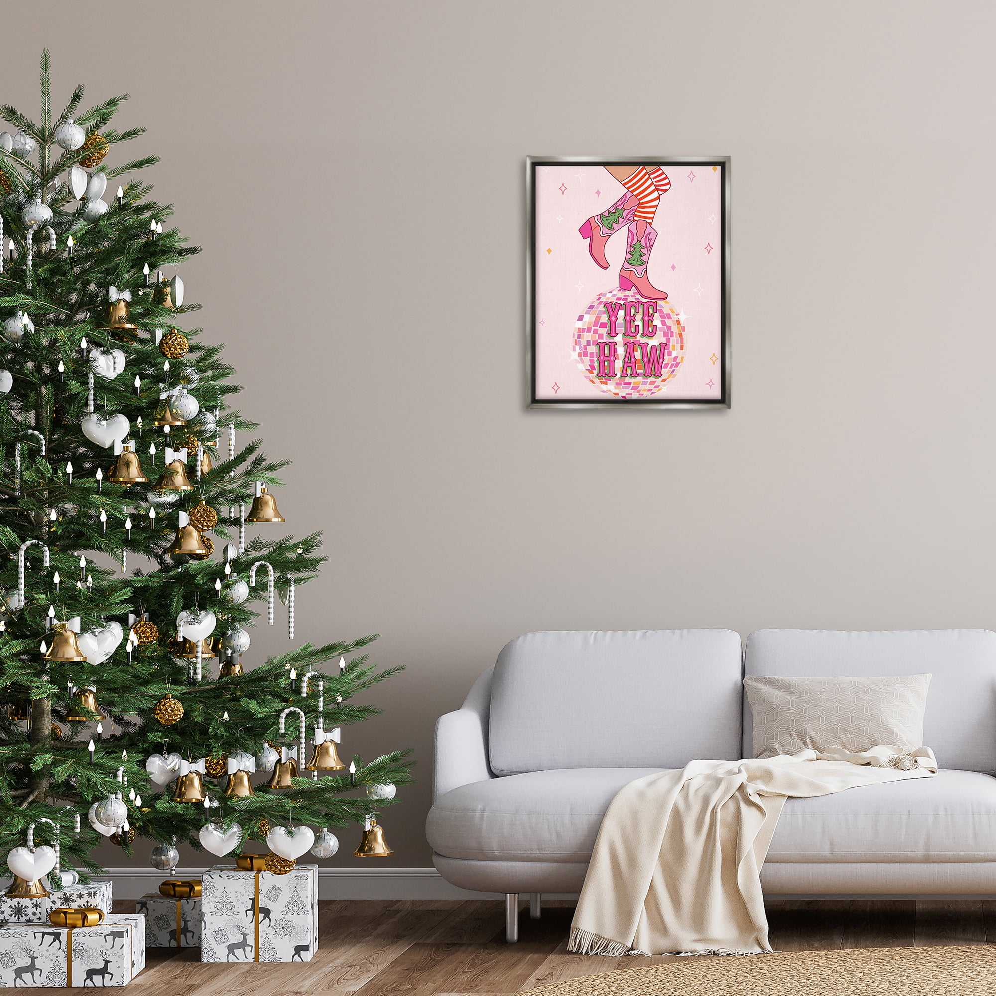 Stupell Industries Yeehaw Christmas Cowboy Holiday Painting Gray Floater Framed Canvas Art Prints Wall Art, 25 x 31
