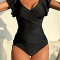 thumbnail image 1 of Dsseng Elegant Black One-Piece Swimsuit with Ruffle V-Neck - High Stretch  Ruched Design  Removable Pads  Machine Washable - Chic Deep V Cut Bathing Suit for Women  Summer Swimwear|Ruffle, 1 of 7