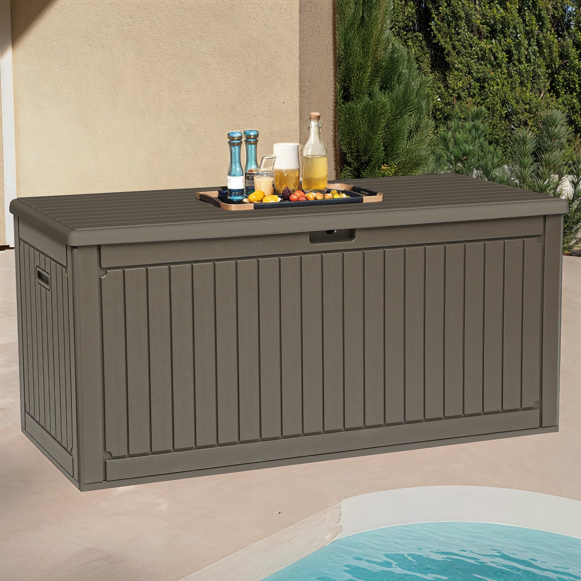 Uforic Outdoor 260 Gallon Large Resin Deck Box, Double-Wall Waterproof Lockable Storage Box with Flexible Divider & Side Handles, Light Brown