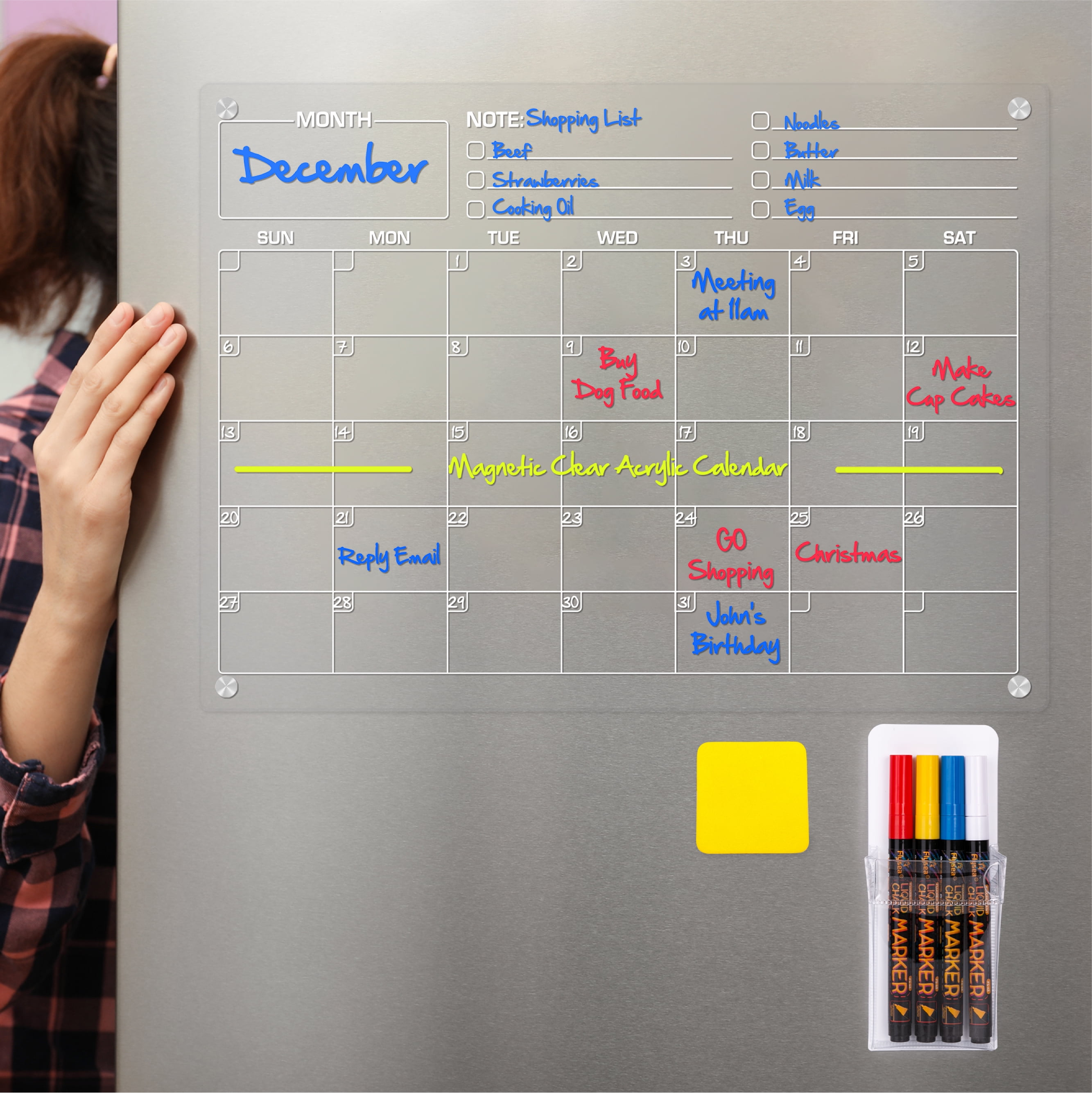 Magnetic Dry Erase Calendar Board, Acrylic Clear Fridge Planner Board, Stain Resistant Refrigerator Board with Magnetic Chalk Eraser- for Monthly Weekly Refrigerator Planners Board