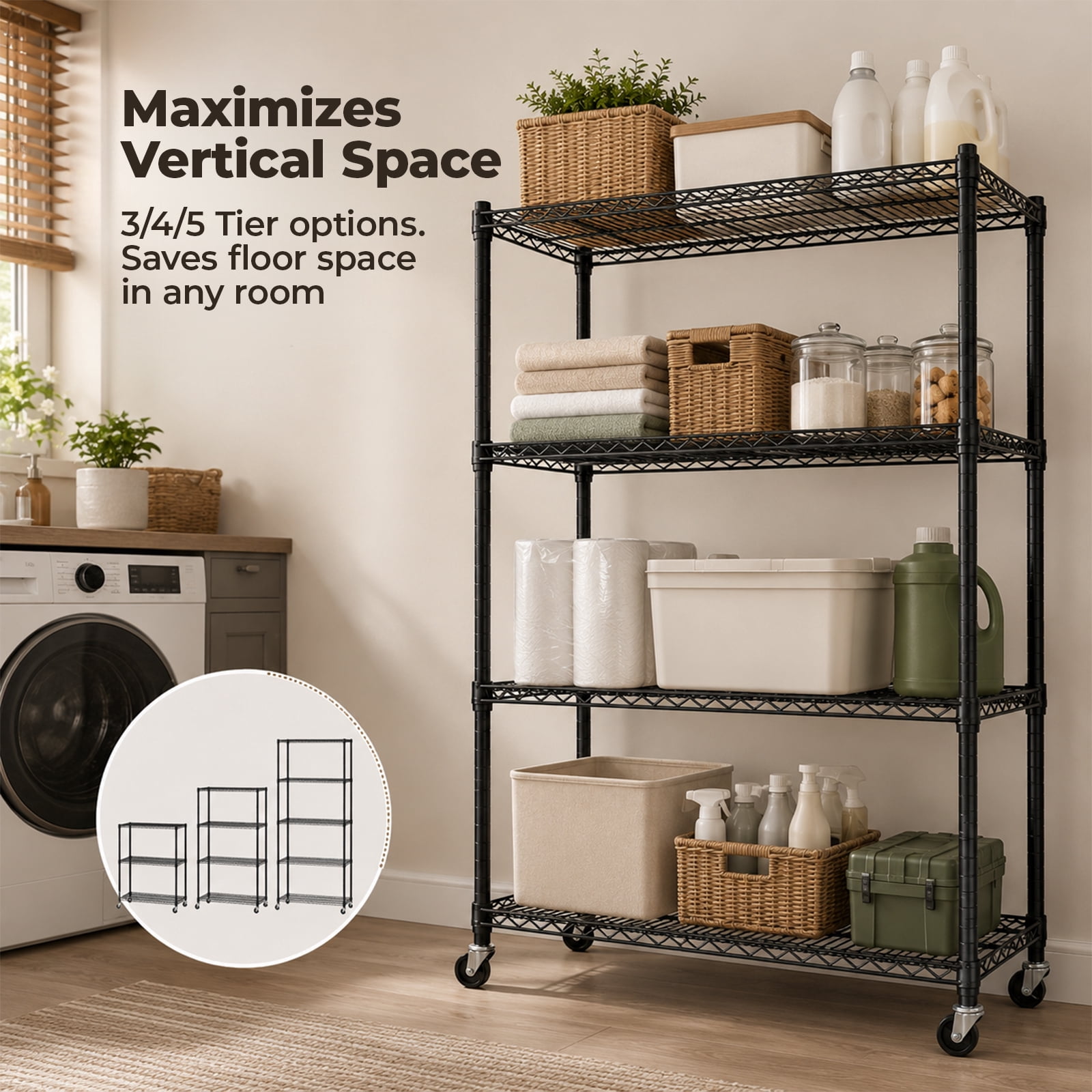 Alvantor 3/4/5 Tier Heavy Duty Adjustable Metal Shelf with Wheels, No-Tool Assembly, Suitable for Garages, Kitchens, Storage Rooms, Laundry Rooms and Offices