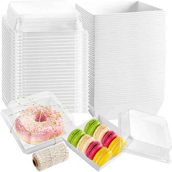 100 Pack Paper Charcuterie Boxes with Clear Lids,4 Inches Disposable Square Dessert Boxes,Kraft Paper Food Containers Bakery Boxes with Rope for Sandwich,Cake Slice,Cookies,Dessert(White)