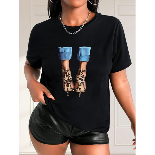 Camiseta estampada elegante de leopardo con tacones altos para mujer - Camiseta informal de manga corta con cuello redondo, algodón transpirable, lavable a máquina, top deportivo de ocio