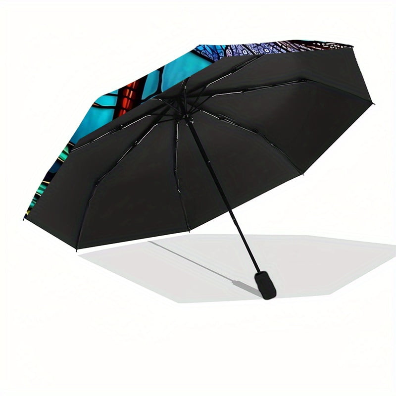 1 Dragonfly Colored Glass Pattern Umbrella - 8 Spokes, Automatic Open/Close, Windproof Portable Folding Sunshade with Vibrant Blue and Purple Dragonfly Design, D