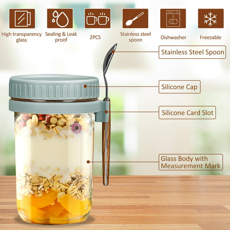 Breakfast to go 2-way food container with topping, portable yogurt & cereal  storage container, overnight oatmeal jar with lids, snack jar, salad jar