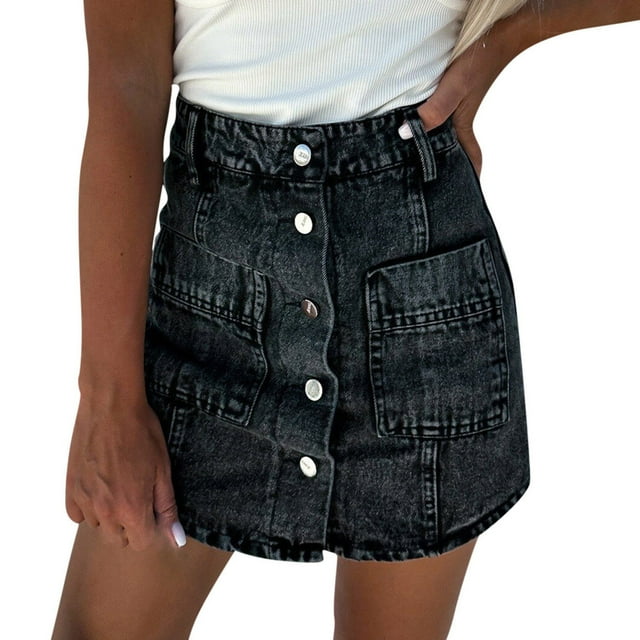 Besolor Denim Skirts for Women Stretch High Waisted Buttons down Distressed Short Mini Jean Skirts with Pockets