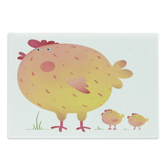 Chicken Cutting Board, Mother Hen and Chicks Farm Animals Agriculture Family Theme, Decorative Tempered Glass Cutting and Serving Board, Large Size, Pale Orange Dark Coral, by Ambesonne
