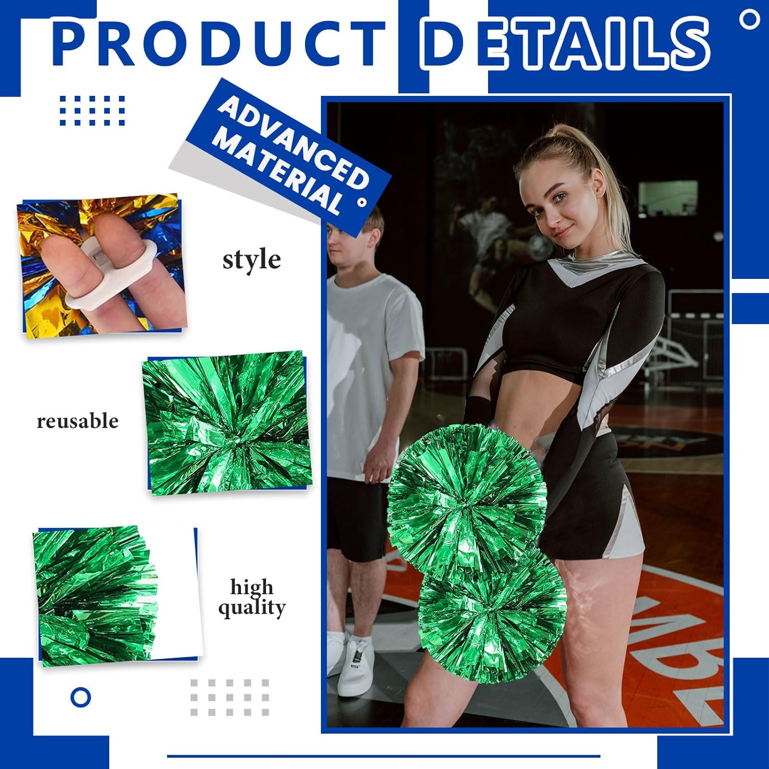 8 PCS Metallic Cheerleading Pom Pom for Team Spirit Sports Dance Cheering Kids Adults-Ring Style