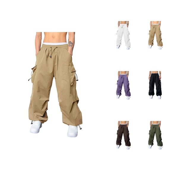 Men's Baggy Cargo Pants 2026 Casual Elastic Waist Drawstring Loose Fit Parachute Pants with Pockets Harem Joggers Streetwear