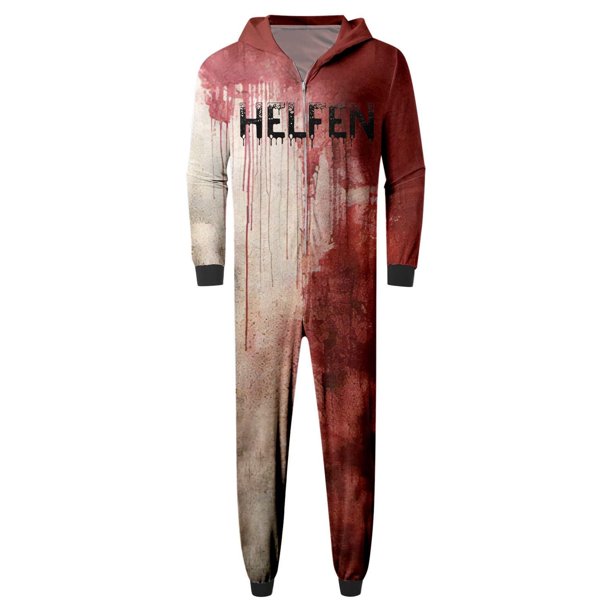 Family Halloween Pjs Matching Sets Halloween Print Long Sleeve Zippered One Piece Pajama Hooded Jumpsuit Winter Halloween Pjs Family Set