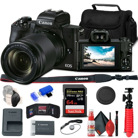 Canon EOS M50 Mark II Mirrorless Camera With EF-M 18-150mm IS STM Lens (4728C001) + 64GB Memory Card + Card Reader + Case + Flex Tripod + Hand Strap + Cap Keeper + Memory Wallet + Cleaning Kit