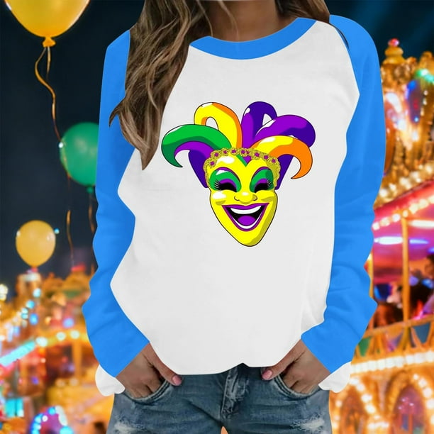 Xuyuer Mardi Gras Shirts for Women Shirt Funny Mask Graphic Tee Carnival Long Sleeve Shirt V Neck Top